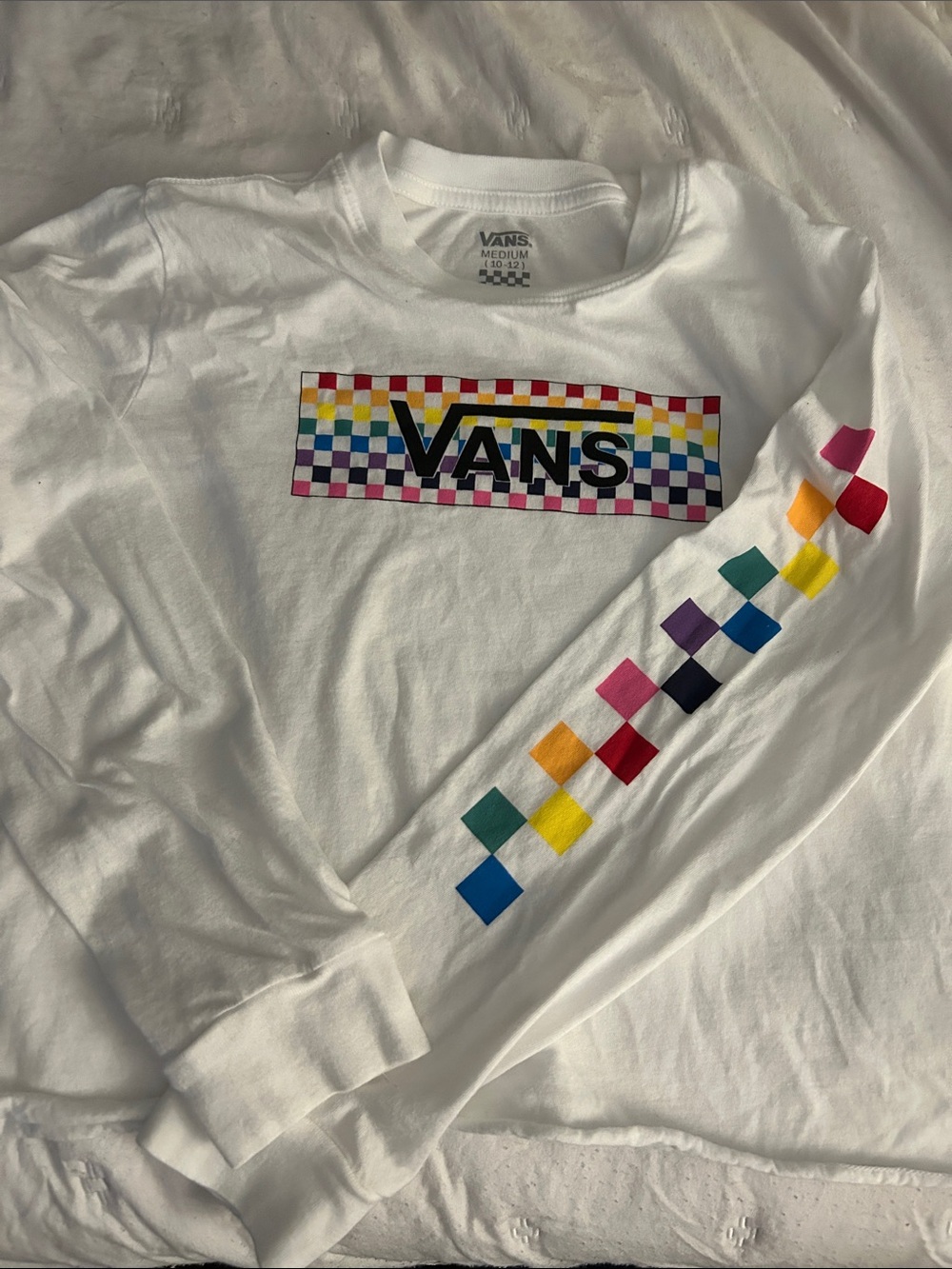 Vans White Long Sleeve Tee with Rainbow Checker Logo